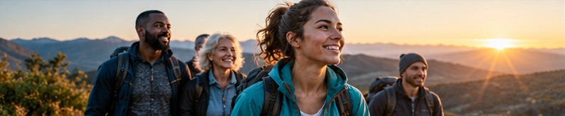 A group exploring a landscape at sunrise